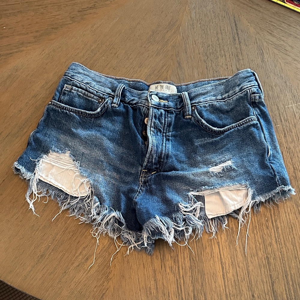 We The Free Dark Blue Distressed Jean Shorts
